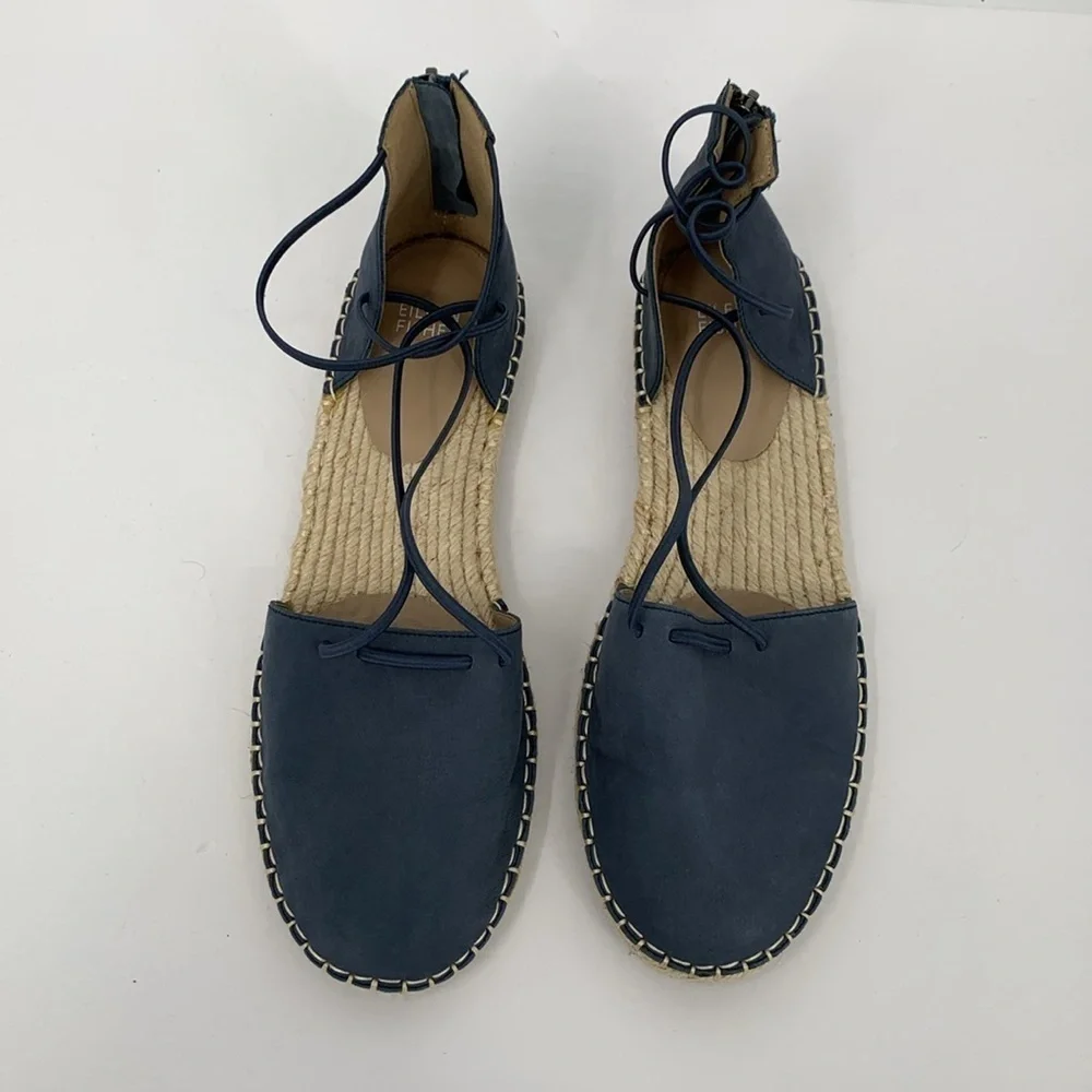 Eileen Fisher Lace-up Espadrille Shoe navy blue Nubuck criss cross strap flat 10